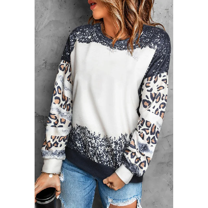 Wholesale Polyester Tie Dyed Leopard Print Patchwork Round Neck Sweater for Women with Contrasting Color Pullover Boyleg Sleeve Pullover Wholesale Polyester Tie Dyed Leopard Print Patchwork Round Neck Sweater for Women with Contrasting Color Pullover Boyleg Sleeve Pullover