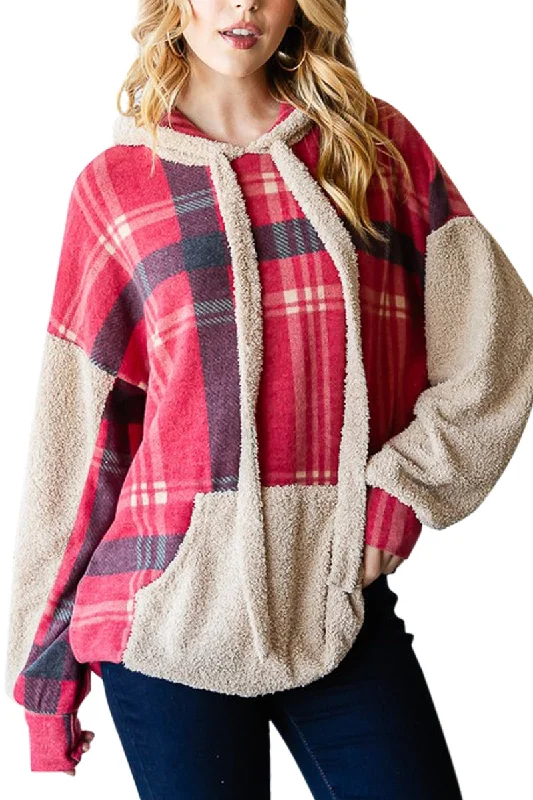 Burgundy Plaid Faux Fur Hoodie Hoodie with Hem Detail Decorative Unique