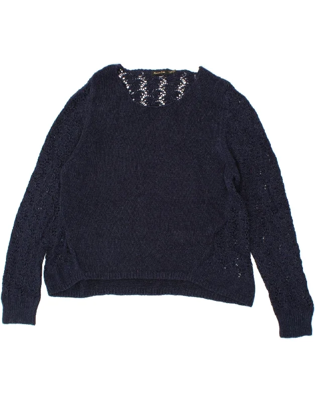 MASSIMO DUTTI Womens Crop Boat Neck Jumper Sweater UK 18 XL Navy Blue Cashmere Blend Cotton Blend Poly Blend