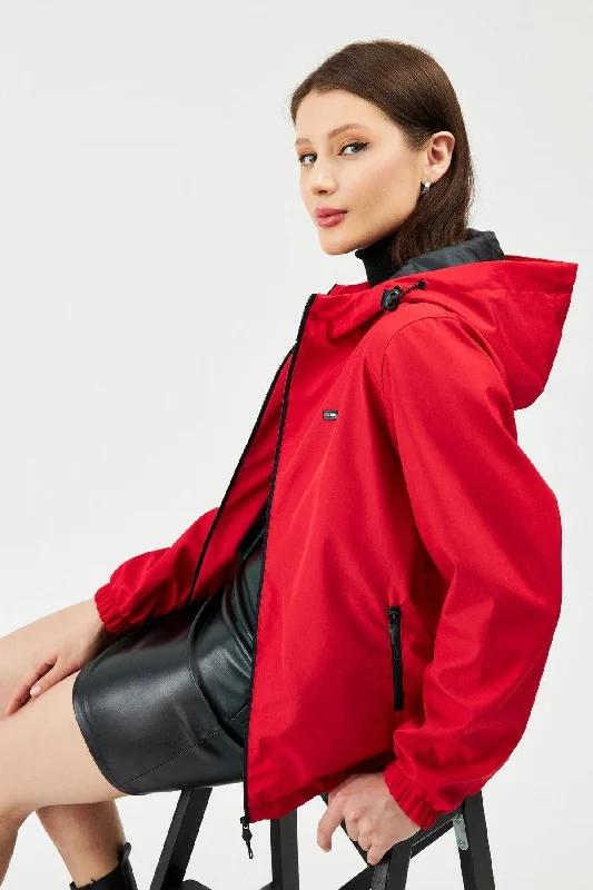 Women's Red Inner Lined Waterproof Hooded Raincoat with Pocket - Windbreaker Jacket Chenille Jacket Brocade Jacket Lace Jacket