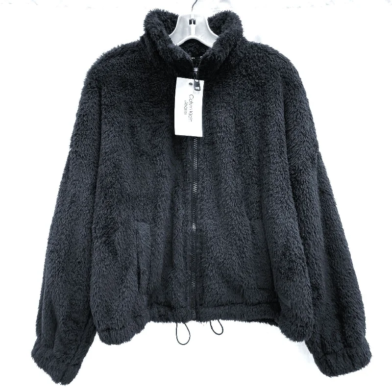NWT Wmns CALVIN KLEIN JEANS Black Plush Fleece Zip Up Sweater Sz M MSRP$79.5 Thin Thick Dense