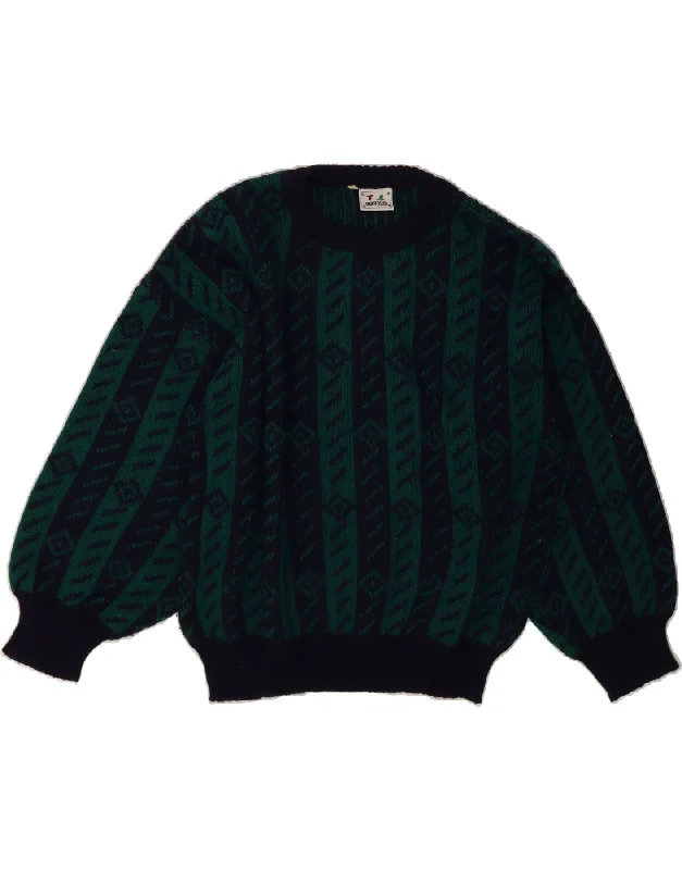 VINTAGE Womens Crew Neck Jumper Sweater IT 50 XL Green Striped Boat Neck Shawl Collar Notched Collar