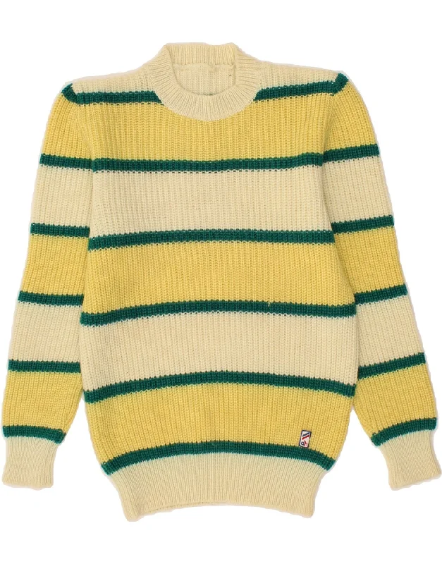 VINTAGE Womens Crew Neck Jumper Sweater UK 12 Medium Yellow Striped Wool Zippered Front Buttoned Front Snap Front