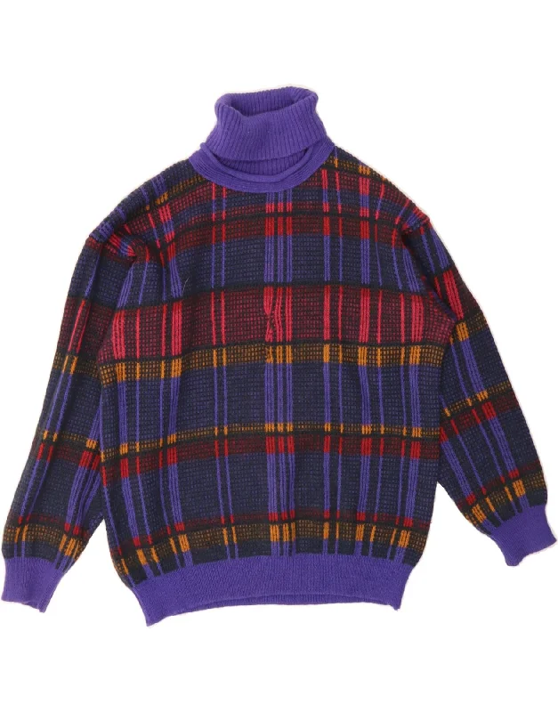 VINTAGE Womens Roll Neck Jumper Sweater UK 16 Large Purple Check Boxy Sweater Fitted Sweater A-Line