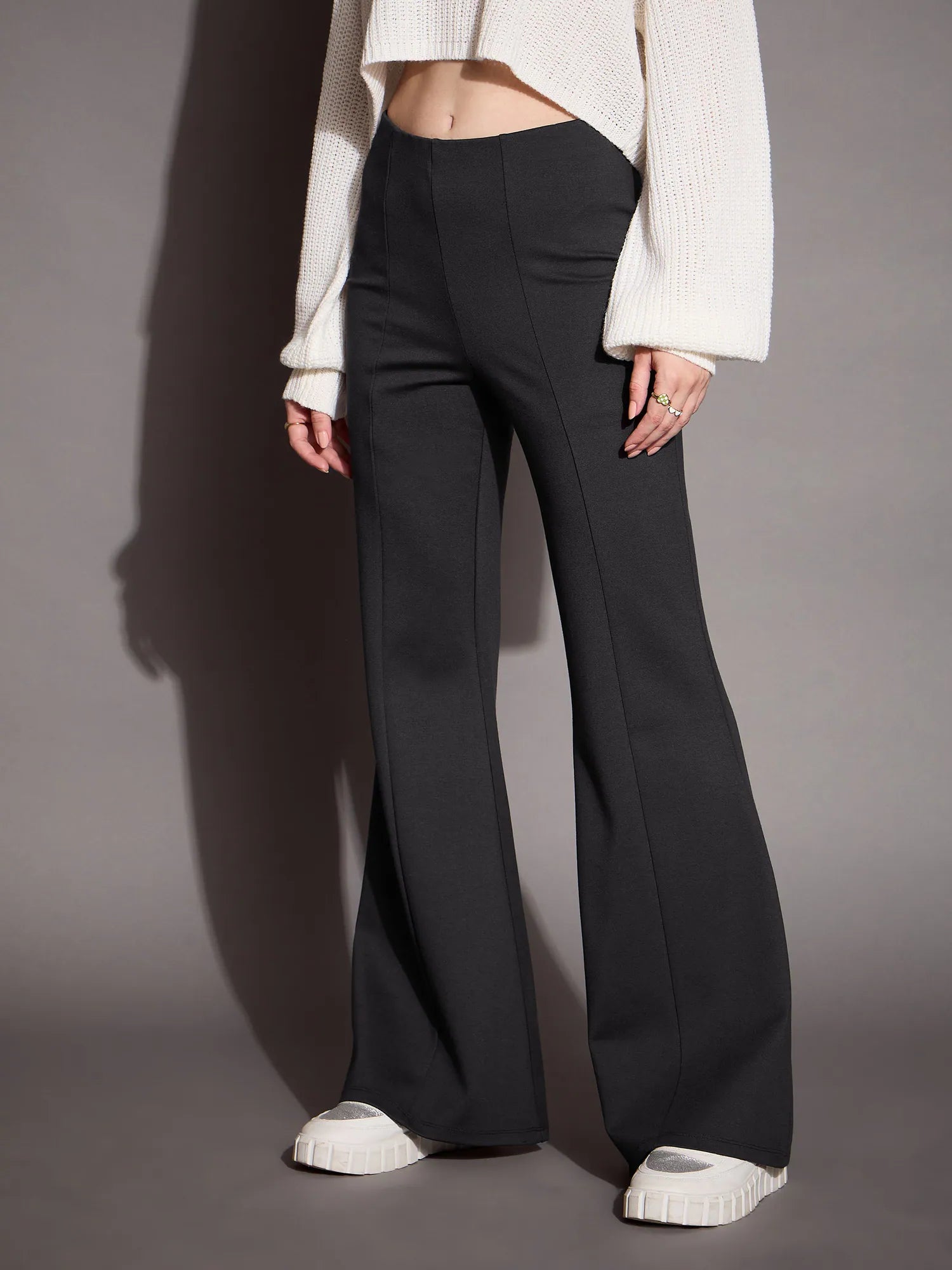 Women Grey Bootcut Flared High-Rise Trousers-SFPANT50879 Trousers Essential Wardrobe
