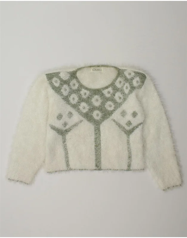 GREEN Womens Crop Boat Neck Jumper Sweater UK 12 Medium White Colourblock Elegant Classic Vintage