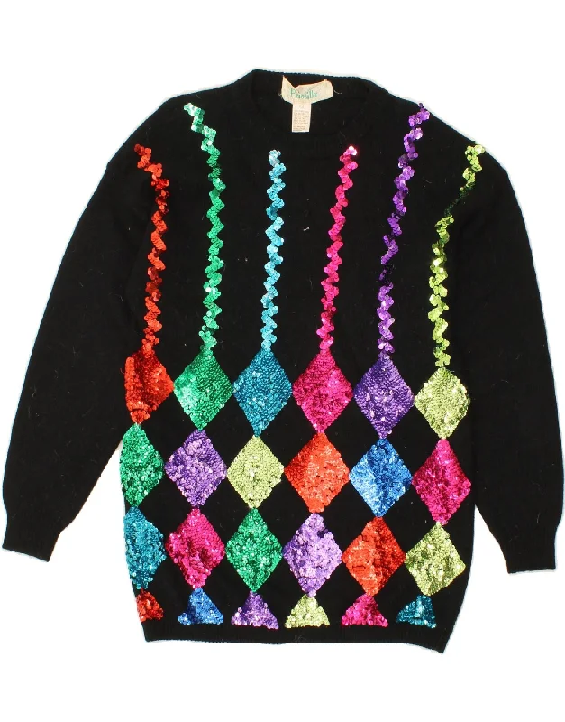 VINTAGE Womens Crew Neck Jumper Sweater UK 10 Small Black Argyle/Diamond Sequined Glittery Shiny