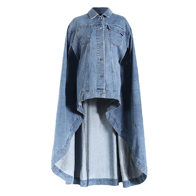 Offbeat Collared Single Breasted Oversized High Low Denim Cape Jacket Jersey Jacket Tulle Jacket Batik Jacket