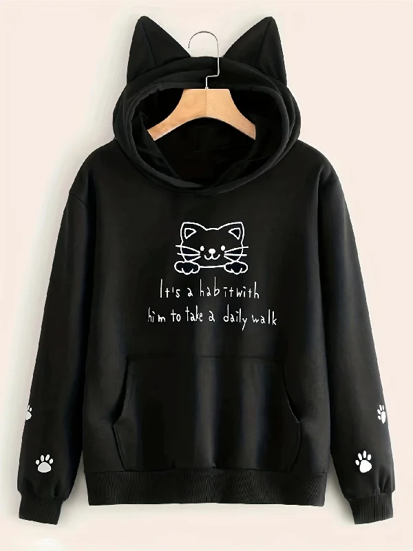 Cute Cat & Letter Print Hoodie, Casual Long Sleeve Kangaroo Pocket Hoodies Sweatshirt, Women's Clothing Hoodie with Hem Elastic Stretchable Comfortable