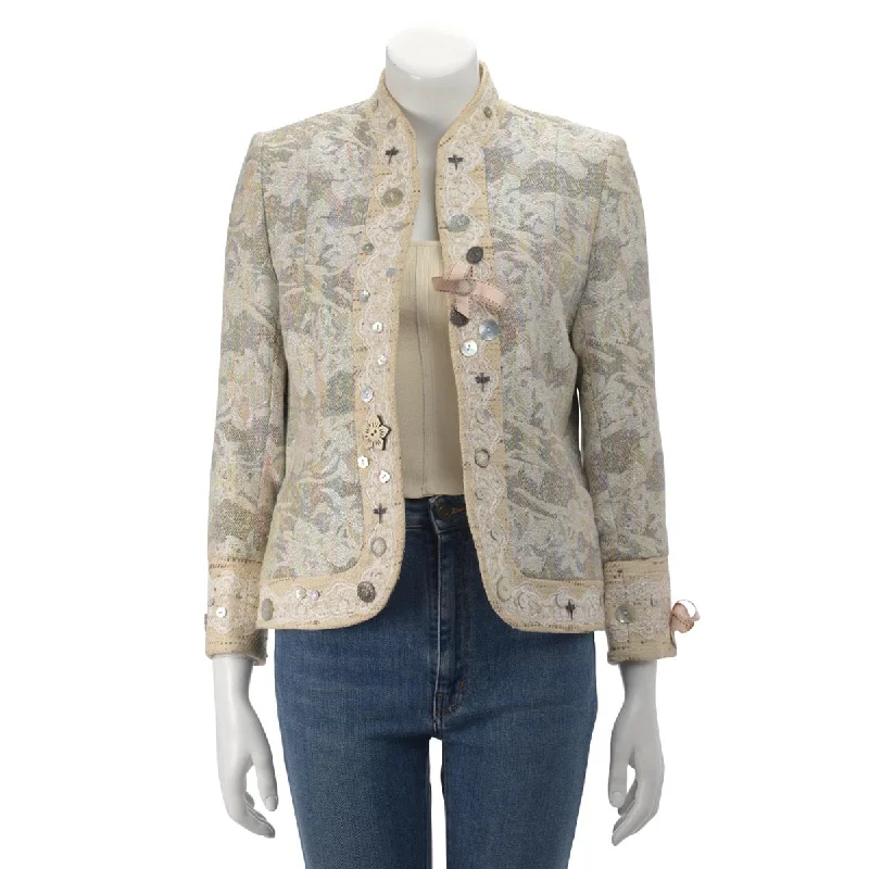 Matthew Williamson Cream Jacquard Edge to Edge Jacket UK 12 Herringbone Jacket Houndstooth Jacket Plaid Jacket