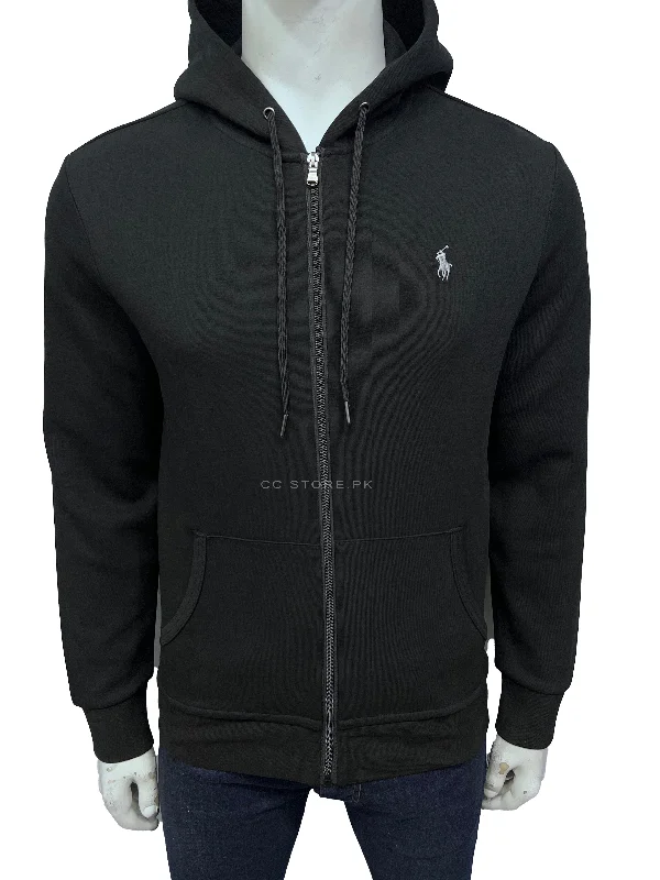 RL Double Knit Black Zipper Hoodie Hoodie with Distressed Vintage Worn
