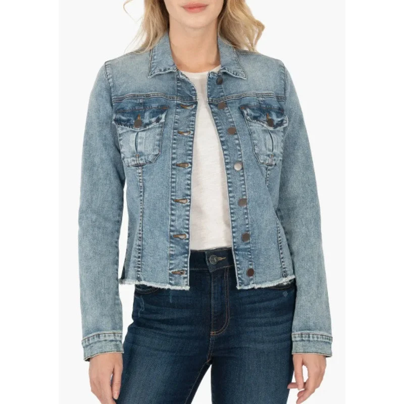 KUT FROM THE KLOTH Women's Kara Frayed Denim Jacket Small Standard Blue Nylon Fabric Polyester Fabric Spandex Fabric