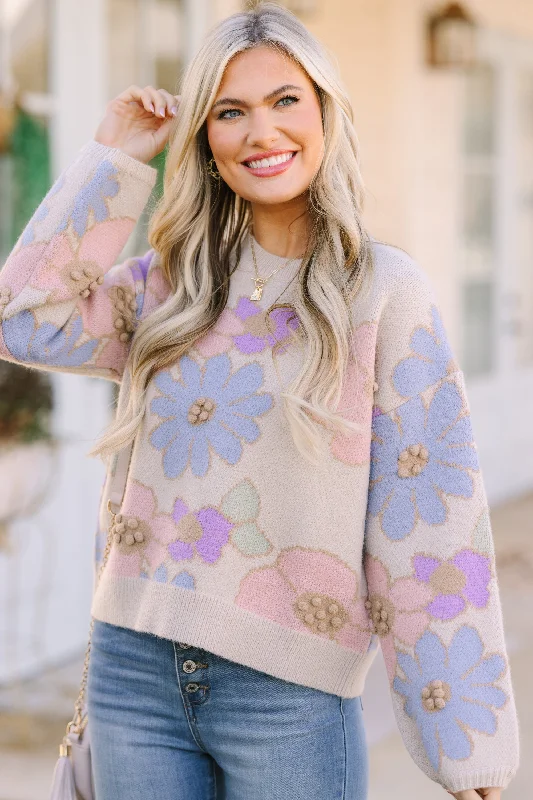 Easy To Love Beige Brown Floral Sweater Polka Dot Checkered Tartan