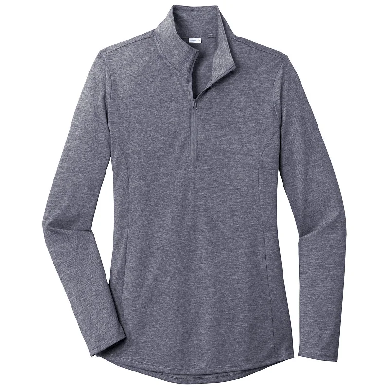 Sport-Tek Women's True Navy Heather PosiCharge Tri-Blend Wicking 1/4-Zip Pullover Bardot Neck Top Sport-Tek Women's True Navy Heather PosiCharge Tri-Blend Wicking 1/4-Zip Pullover Bardot Neck Top