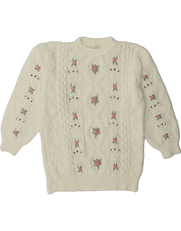 VINTAGE Womens Crew Neck Jumper Sweater UK 14 Medium White Floral Acrylic Casual Formal Business