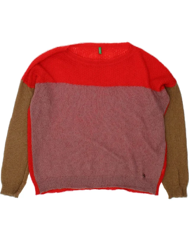 BENETTON Womens Boat Neck Jumper Sweater UK 16 Large Red Colourblock Wool Fabric Cashmere Fabric Tweed Fabric BENETTON Womens Boat Neck Jumper Sweater UK 16 Large Red Colourblock Wool Fabric Cashmere Fabric Tweed Fabric