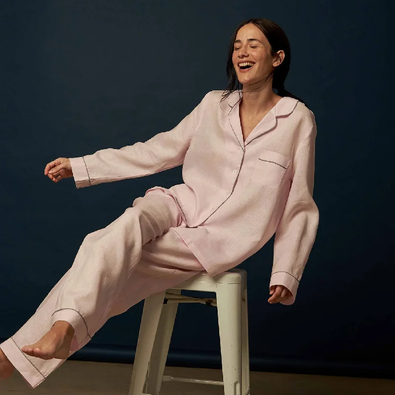 Blush Pink Linen Pyjama Trouser Set Trousers Travel Practical