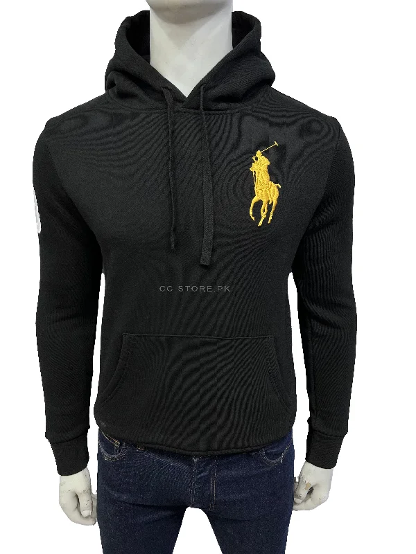 RL Big Pony Fleece Black Hoodie Hoodie with Fur Luxurious Winter