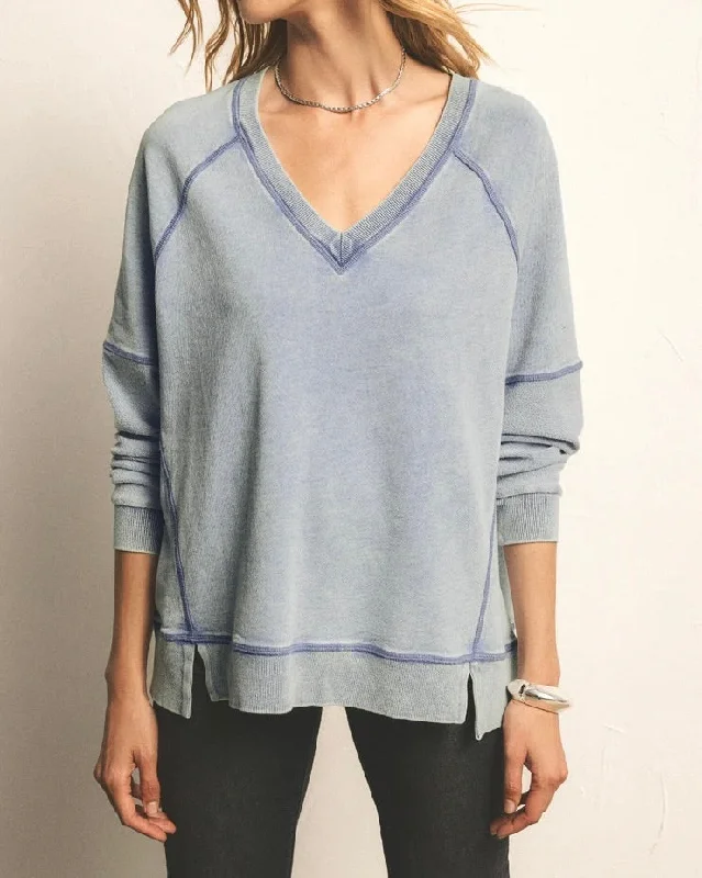 Easy V Knit Denim Sweatshirt Hoodie with Patch Decorative Personalized