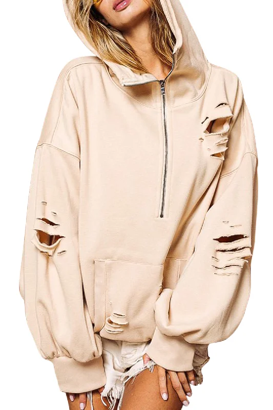 Oatmeal Distressed Half Zip Hoodie Hoodie with Elastic Waist Stretchable Comfortable