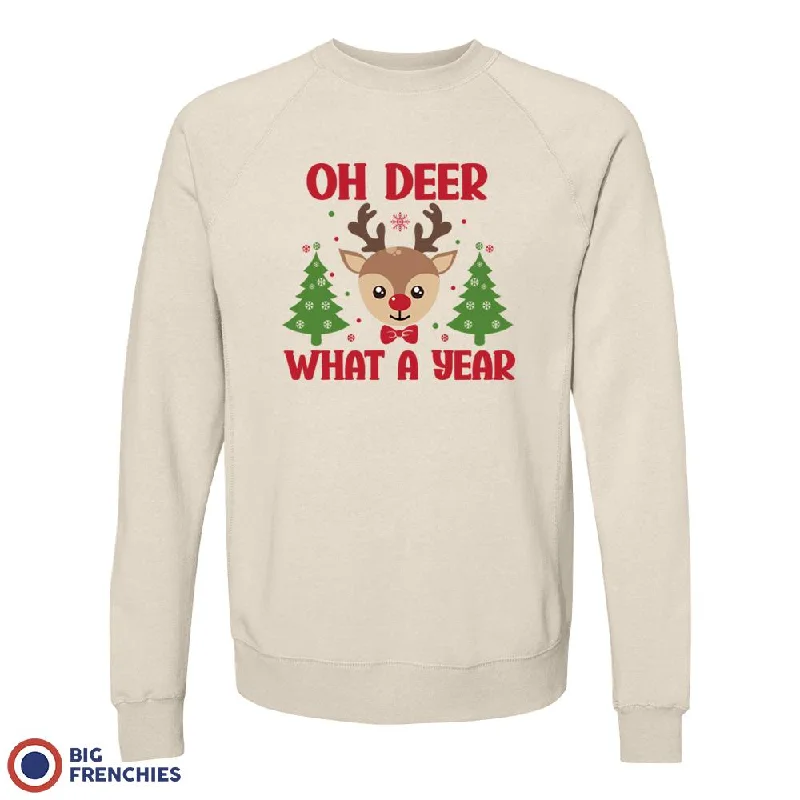 Oh Deer What A Year Christmas Unisex Organic Cotton Sweatshirt Hoodie with Longline Fit Extended Stylish
