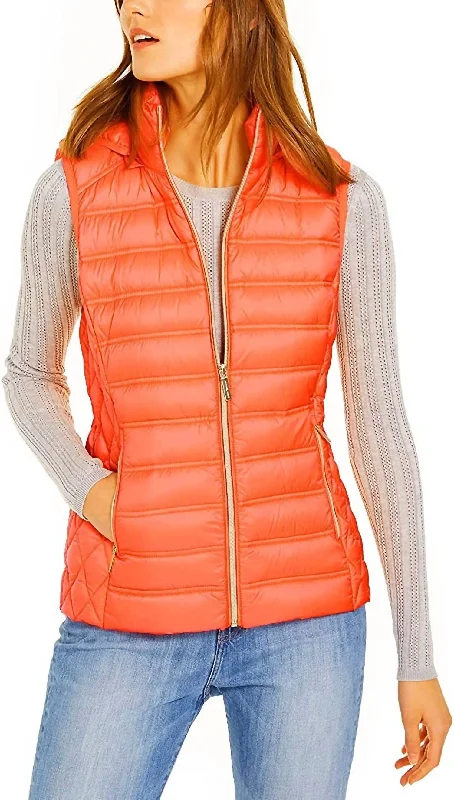 Down Puffer Vest Jacket With Removable Hood In Orange Zip Front Button Front Snap Front