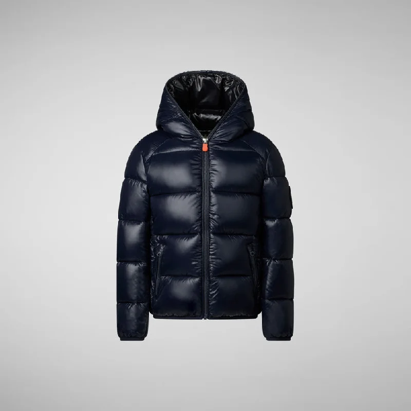 Boy's Artie Hooded Puffer Jacket in Blue Black Front Pockets Side Pockets Patch Pockets