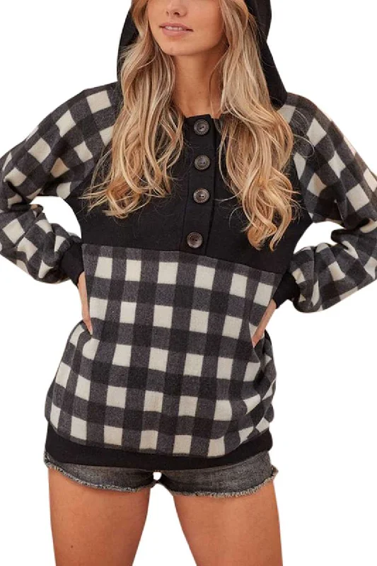 Black Checkered Brushed Button Hoodie Hoodie with Hem Elastic Stretchable Comfortable