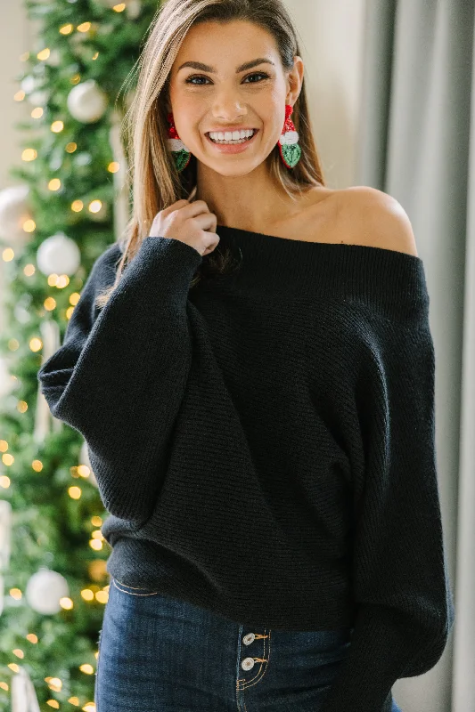 All On You Black Off Shoulder Sweater Seamless Knitted Crochet