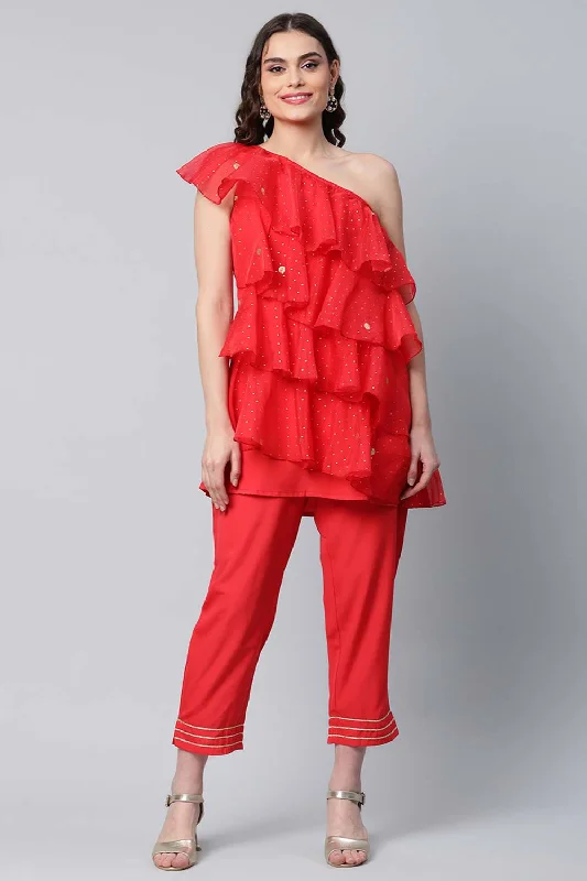 Red Printed Layered Top With Trousers Trousers versatile functional