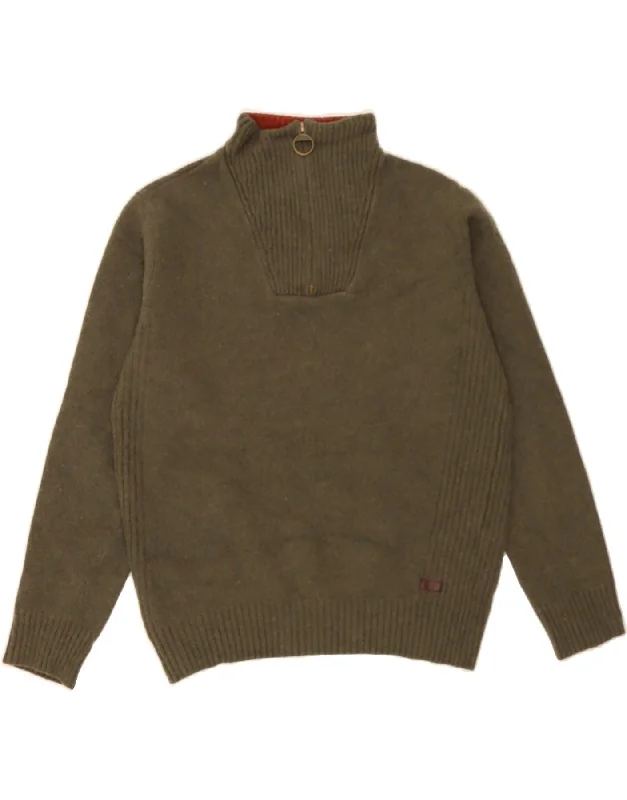 BARBOUR Womens Zip Neck Jumper Sweater UK 14 Medium Khaki Wool Mesh Fabric Canvas Fabric Denim Fabric