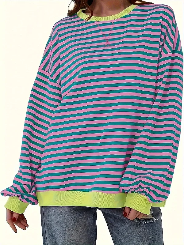Cozy Striped Drop Shoulder Pullover Sweatshirt - Soft, Casual, Long Sleeve, Crew Neck, Fall & Winter Essential - Women's Comfortable Clothing for Chilly Days Hoodie with Velcro Closure Adjustable Secure