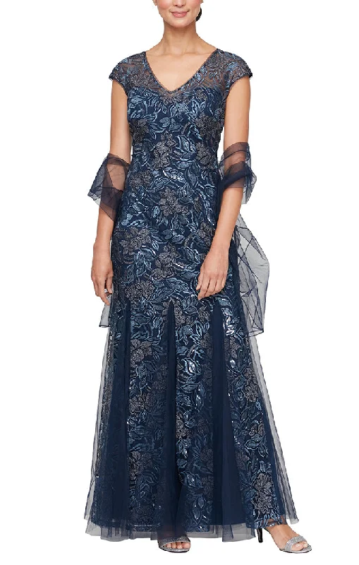 Long Embroidered V-Neck Dress with Godet Detail Skirt and Shawl Elegant Silk Shawl Scarf Long Embroidered V-Neck Dress with Godet Detail Skirt and Shawl Elegant Silk Shawl Scarf