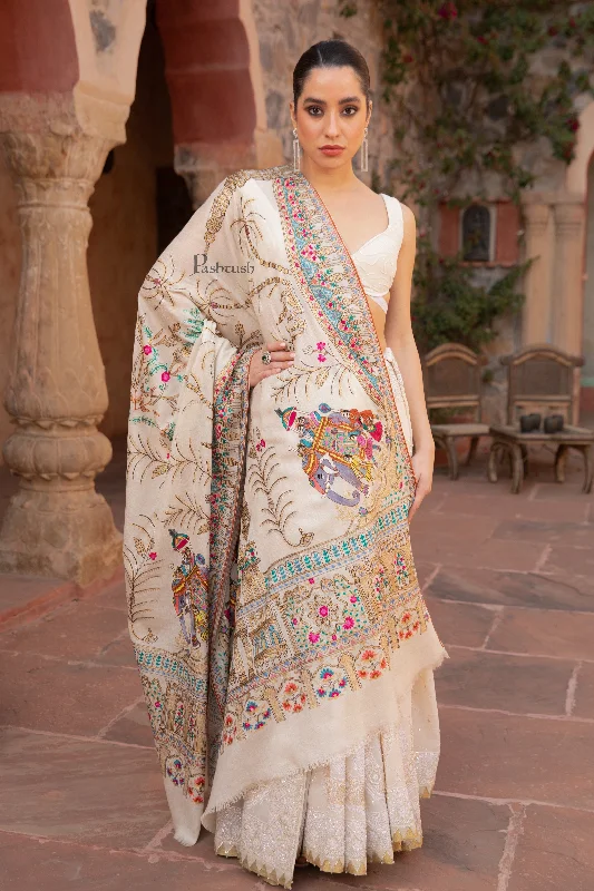 Pashtush Womens Shawl, Tilla Embroidery, Raj Darbar, Silk Wool, Ivory Stylish Fringed Shawl Cape