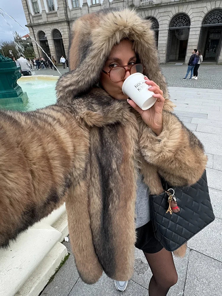 Lunivop Luxury Faux Fur Coat With Hoodies Women Elegant Loose Long Sleeved Coats Female Autumn Winter Thickening High Street Outwear Top Hoodie Crop Top Short Trendy