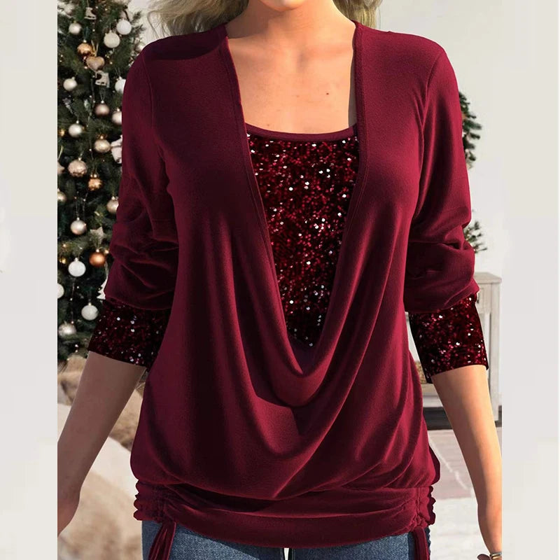 Advbridge Women Long Sleeve Spring U Neck Ruched Blouse Tops Fashion Tie-up Belt Loose Blusa Tee Elegant Patchwork Sequin Pullover Shirt Turtleneck Warm Pullover Advbridge Women Long Sleeve Spring U Neck Ruched Blouse Tops Fashion Tie-up Belt Loose Blusa Tee Elegant Patchwork Sequin Pullover Shirt Turtleneck Warm Pullover