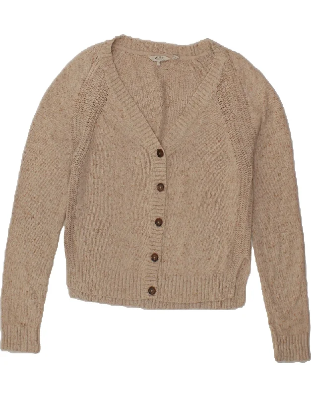 FAT FACE Womens Cardigan Sweater UK 10 Small Beige Flecked Cotton Cable Knit Ribbed Knit Lace Knit