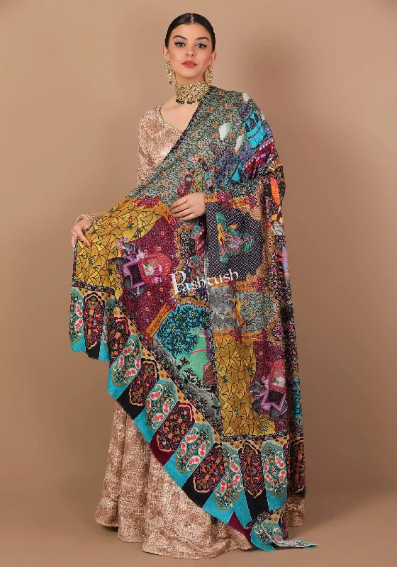 Pashtush Womens, Pure Wool, Printed Mughal Darbar Shawl, Woolmark Certified. Soft Faux Fur Shawl