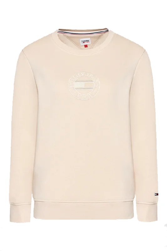 Tommy Hilfiger Women Circle Logo Sweatshirt Beige Hoodie with Hem Fringe Bohemian Relaxed