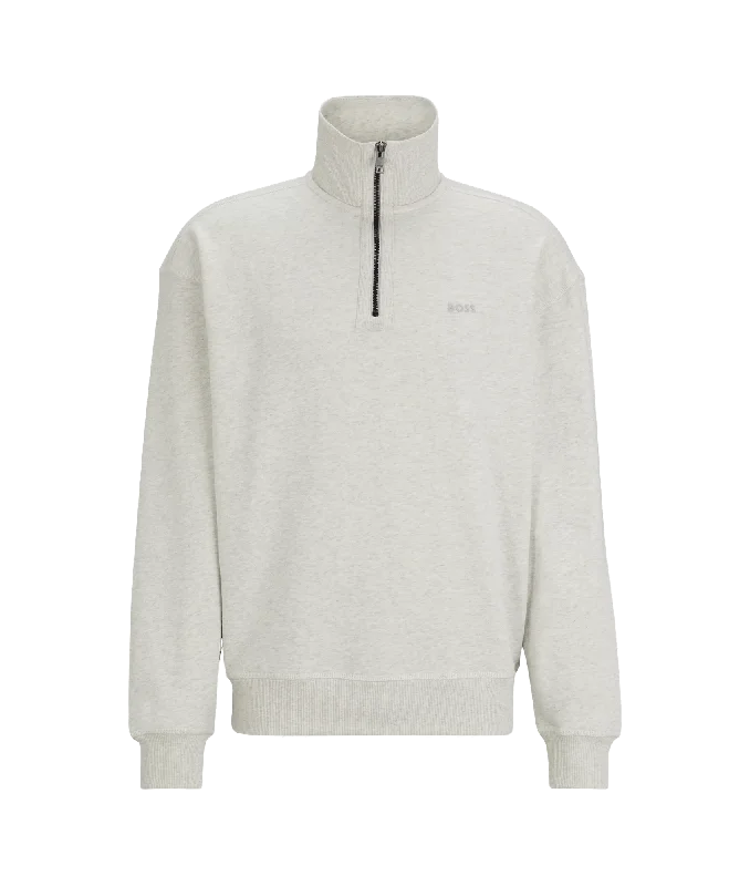 Zip-neck Sweatshirt in Melange Slub Cotton With Logo - Grey Hoodie with Drawstring Waist Adjustable Fitted