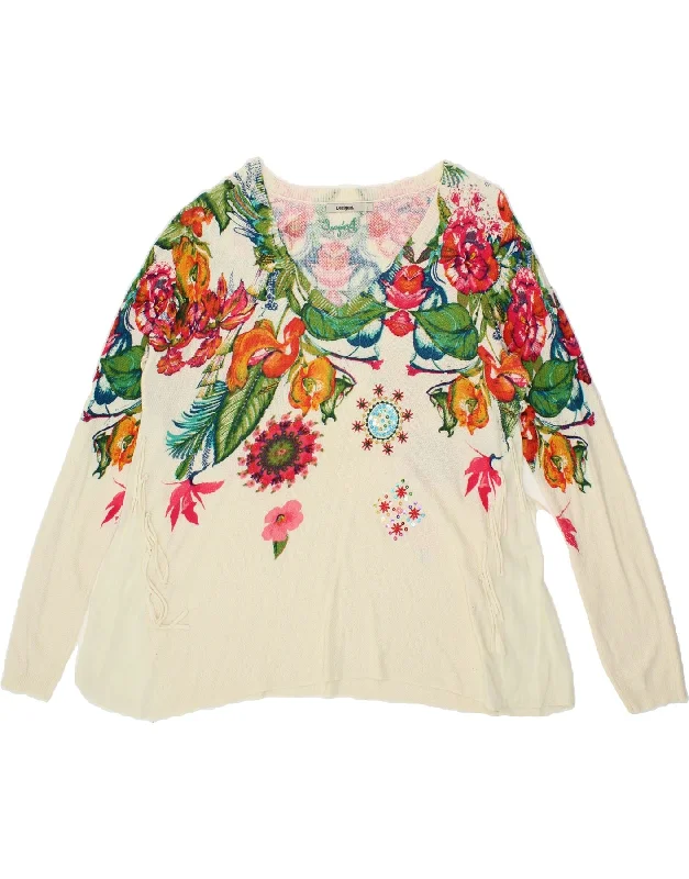 DESIGUAL Womens Graphic V-Neck Jumper Sweater UK 16 Large White Floral Cotton Fabric Linen Fabric Terry Fabric DESIGUAL Womens Graphic V-Neck Jumper Sweater UK 16 Large White Floral Cotton Fabric Linen Fabric Terry Fabric