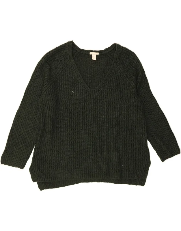 H&M Womens V-Neck Jumper Sweater UK 16 Large Green Acrylic Zippered Buttoned Snapped