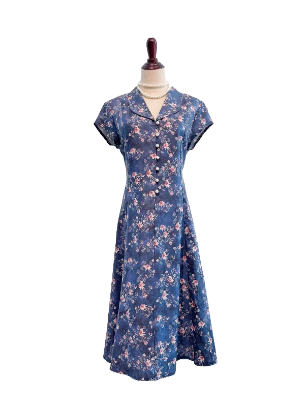 Blue Floral Liberty Shawl Lapel Dress Elegant Long Shawl Scarf