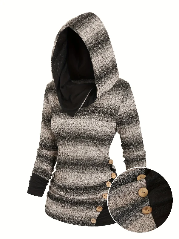 Cozy Striped Hooded Sweatshirt - Soft Mid-Elasticity Polyester, Machine Washable, Elegant Casual Long Sleeve Ruched Design, Perfect for Fall/Winter - Womens Stylish Knit Fabric Clothing Hoodie with Drawstring Waist Adjustable Fitted