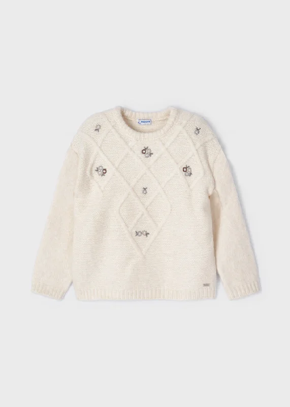 4302 Mayoral Girls Knitted Embroidered Sweater, Chickpea, Eco-Sustainable Herringbone Houndstooth Plaid