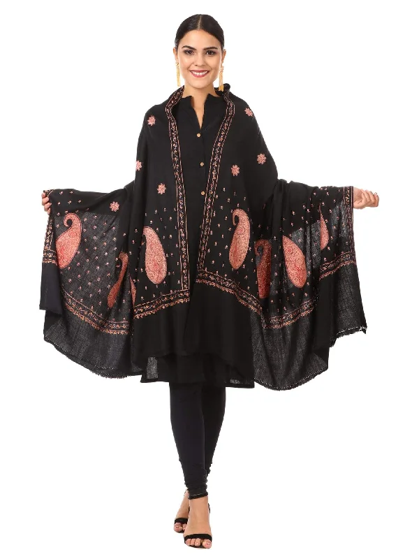 Pashtush Womens Pure Wool Embroidery Shawl Black Classic Plain Shawl Wrap