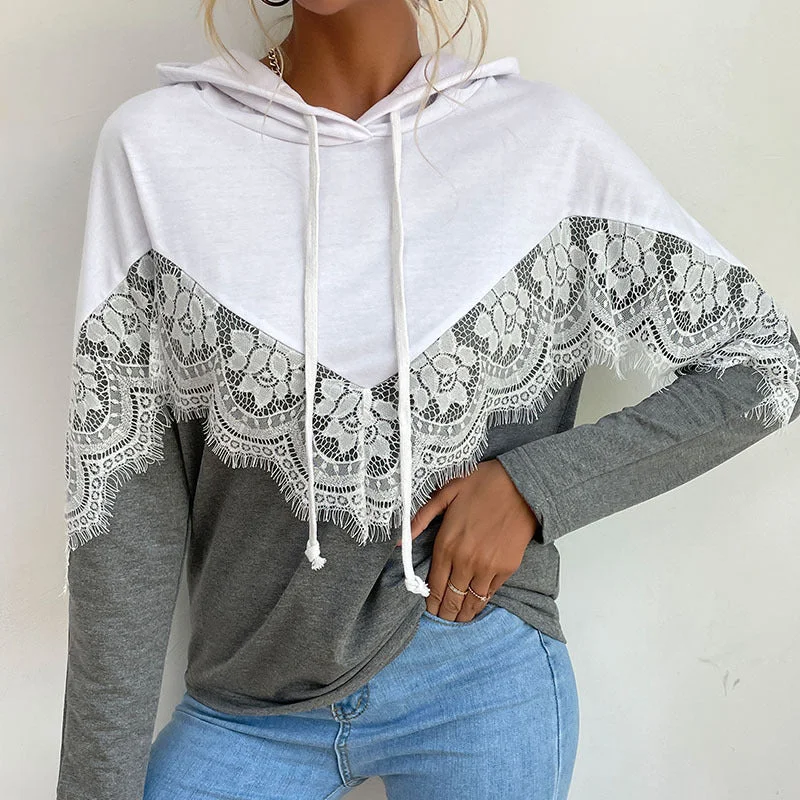 IKEARLAX New  Autumn popular New Women's Wear Long Sleeve Hooded Pullover Splicing Lace Sweater Hoodie Hoodie with Longline Fit Extended Stylish