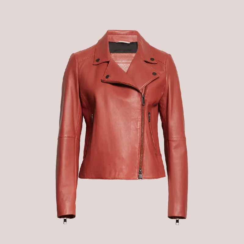 Women's Plain Red Leather Biker Jacket Insulated Jacket Fitted Jacket Loose Jacket