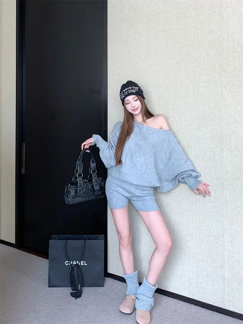 Advbridge Y2k Solid Color Slanted Shoulder Knitted Shorts Suit Two Piece Womens Clothing Long Sleeved Pullover Sweater Loose Lazy Suit Sarouel Sleeve Pullover Advbridge Y2k Solid Color Slanted Shoulder Knitted Shorts Suit Two Piece Womens Clothing Long Sleeved Pullover Sweater Loose Lazy Suit Sarouel Sleeve Pullover