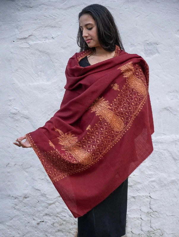 Exclusive, Fine Hand Embroidered Kashmiri Shawl - Dark Red Ornate Cozy Knit Shawl Scarf Exclusive, Fine Hand Embroidered Kashmiri Shawl - Dark Red Ornate Cozy Knit Shawl Scarf